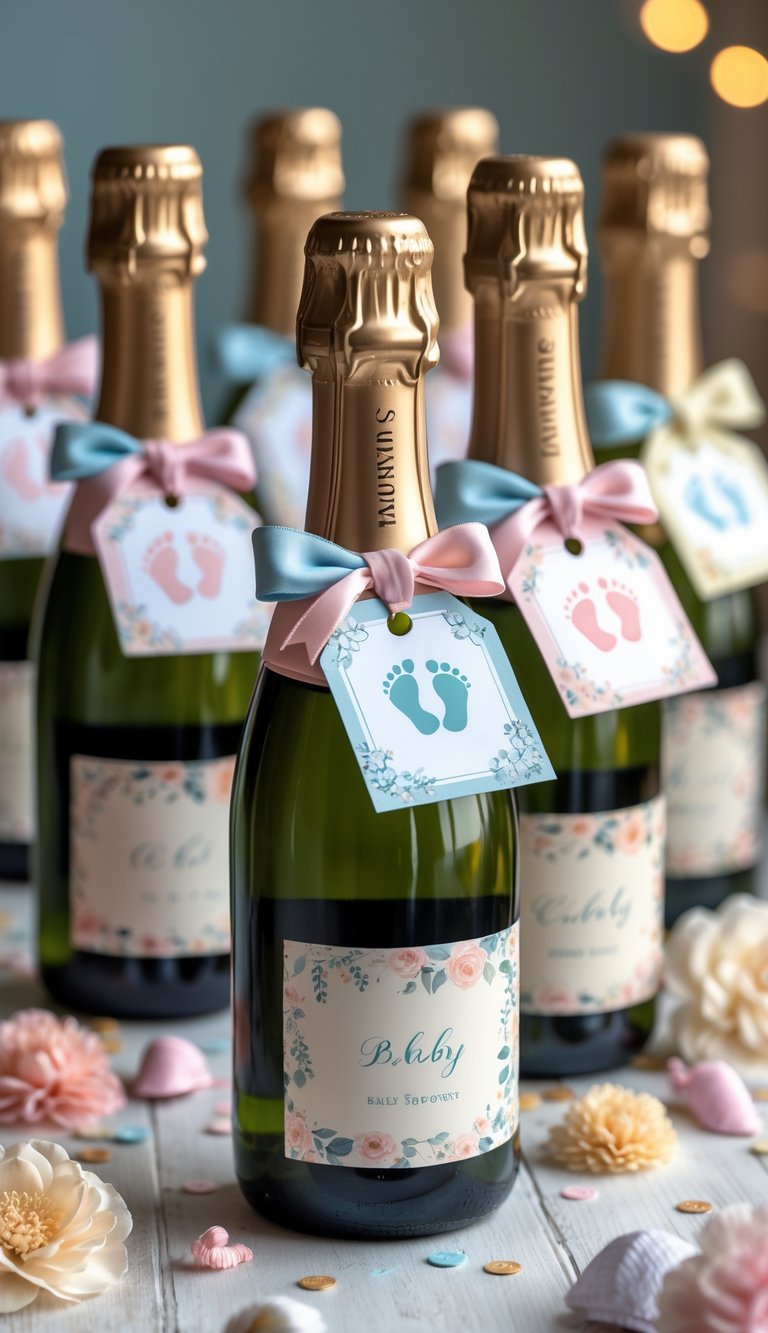 Champagne bottles with pastel-colored custom tags and baby shower decorations arranged on a wooden table.